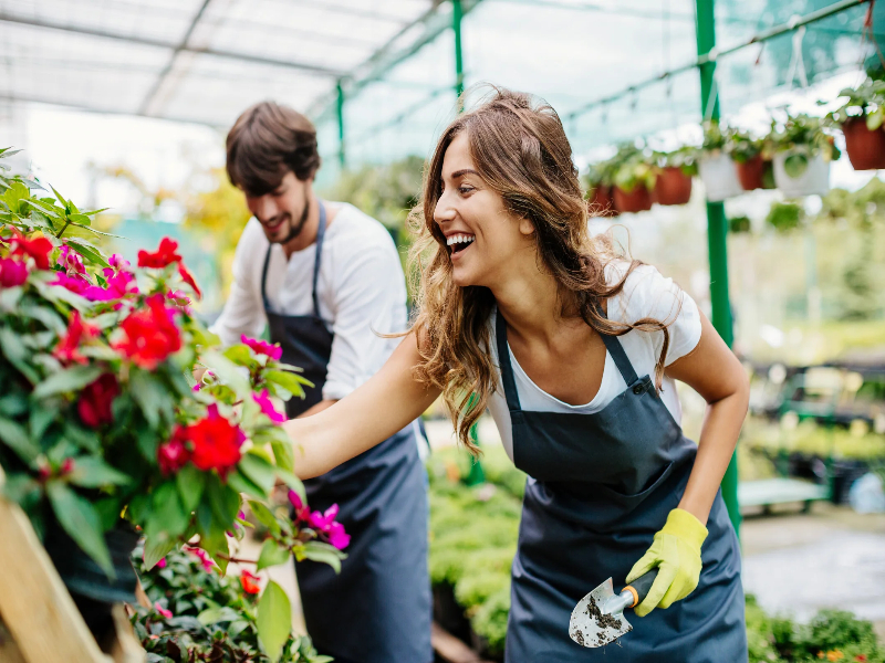 Colleagues tending plants in a nursery